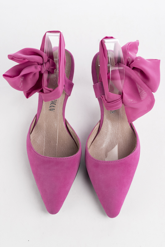 Fuschia pink women's open back shoes, with an ankle scarf. Tapered toe. Medium spool heels. Top view - Florence KOOIJMAN